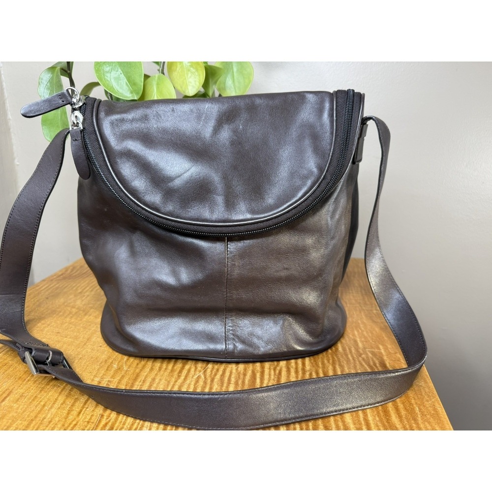 MAXX New York Dark‎ Brown Leather Crossbody Bag Organizer Plaid Lining Messenger